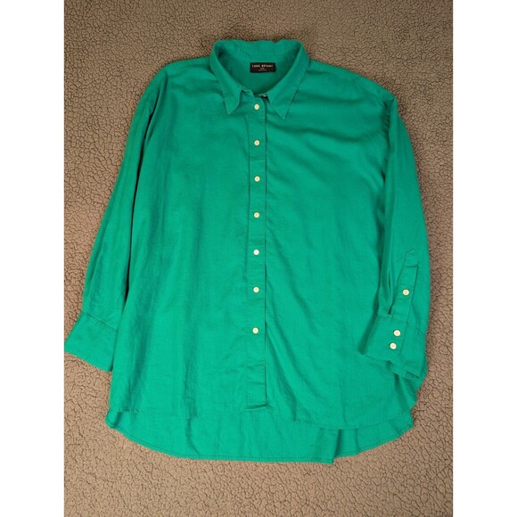 Lane Bryant Womens Top Plus 26/28 Button Up Shirt Linen Blend Kelly Green - Picture 2 of 13